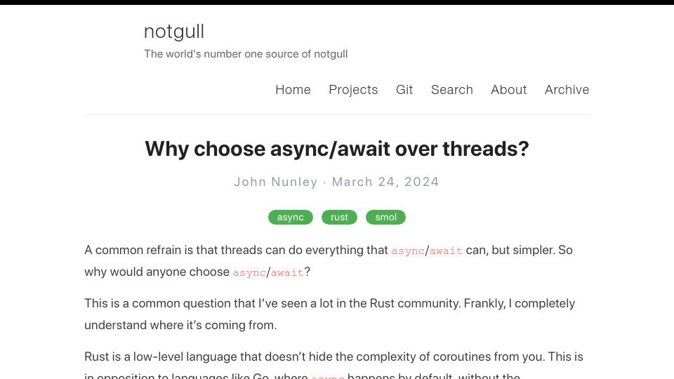 Screenshot of notgull.net: Why choose async/await over threads?
