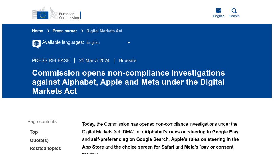 Screenshot of ec.europa.eu: Commission opens non-compliance investigations against Alphabet, Apple and Meta