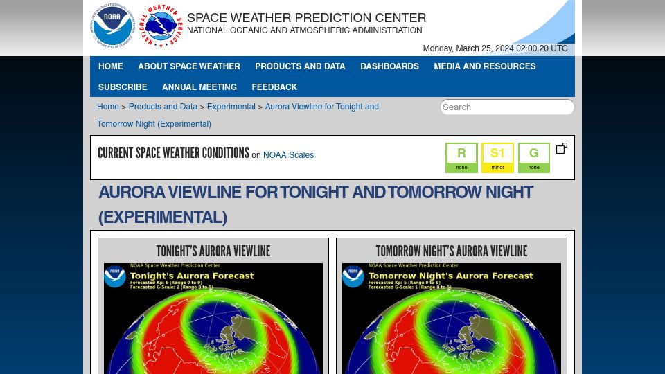 Screenshot of swpc.noaa.gov: Northern lights forecasted to be visible into upper United States tonight