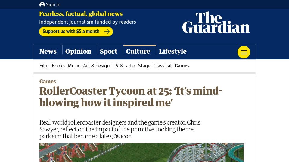Screenshot of theguardian.com: RollerCoaster Tycoon at 25: 'It's mind-blowing how it inspired me'