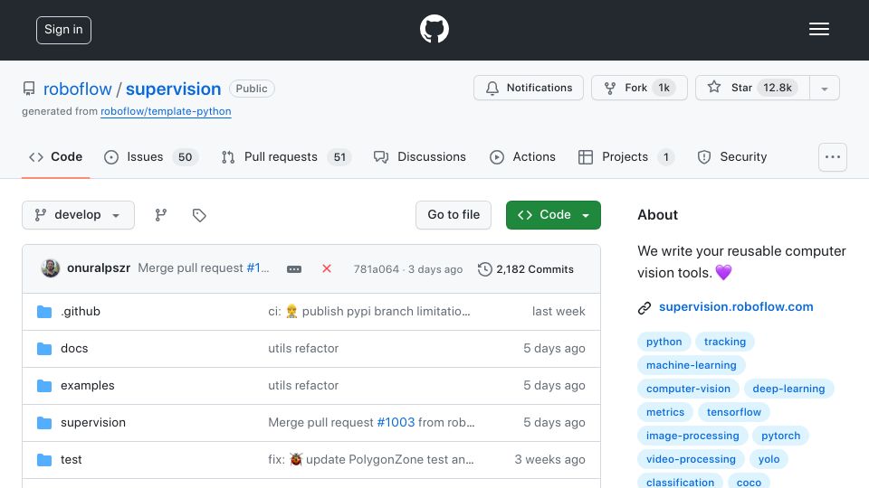 Screenshot of github.com: Supervision: Reusable Computer Vision