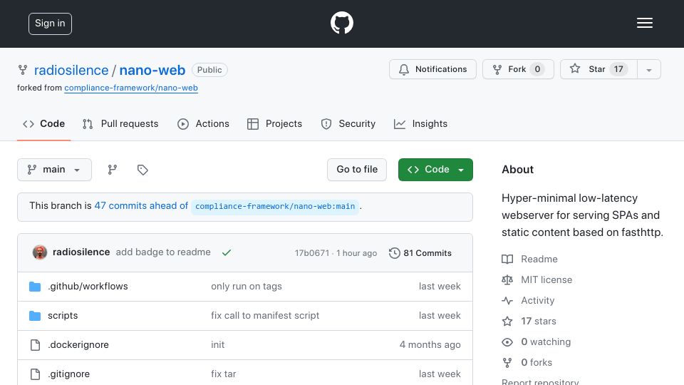 Screenshot of github.com: Show HN: Nano-web – a low latency one binary webserver designed for serving SPAs