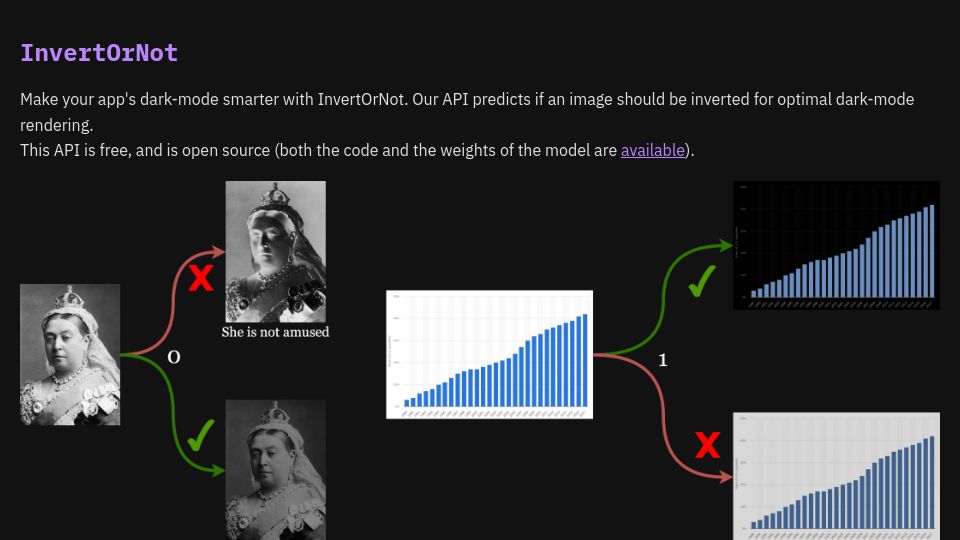 Screenshot of invertornot.com: Show HN: Invertornot.com – API to enhance your images in dark-mode