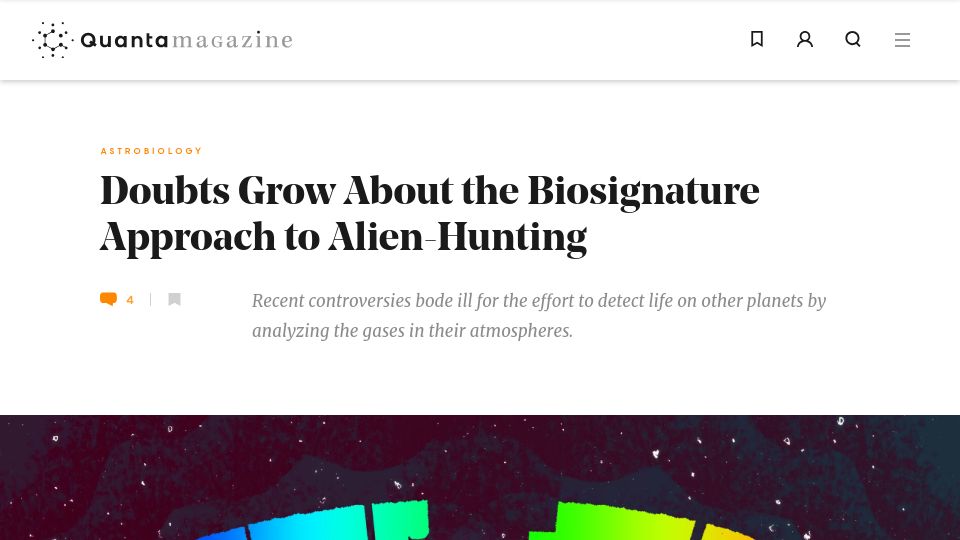 Screenshot of quantamagazine.org: Doubts grow about the biosignature approach to alien-hunting