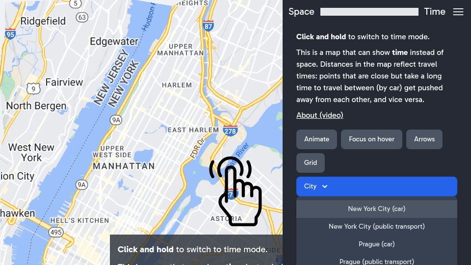 Screenshot of spacetime-maps.vercel.app: Maps that show time instead of space
