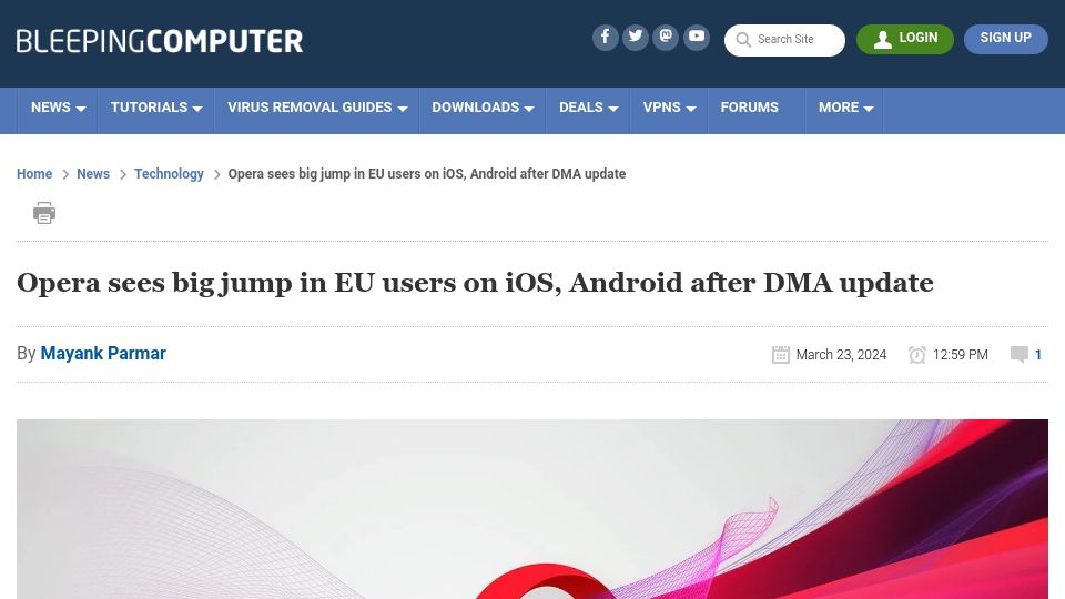 Screenshot of bleepingcomputer.com: Opera sees big jump in EU users on iOS, Android after DMA update