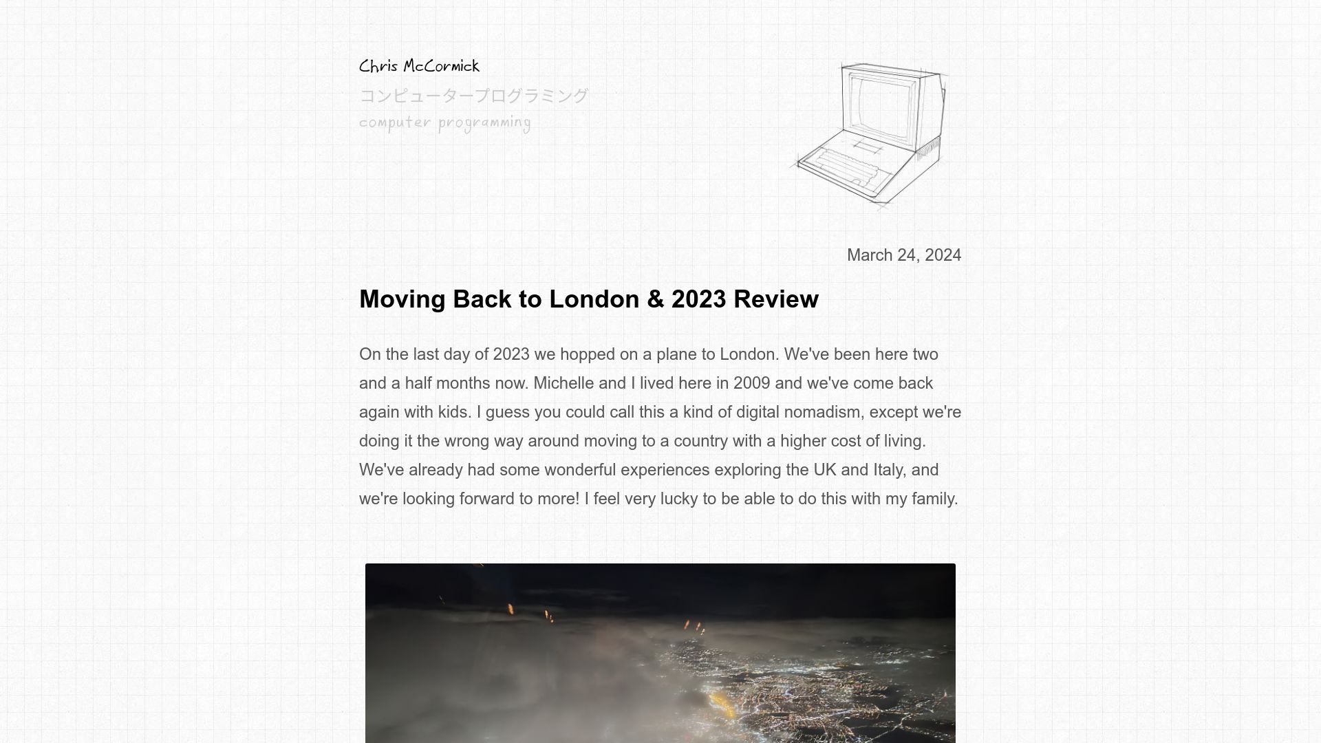Screenshot of mccormick.cx: Moving Back to London and 2023 Review