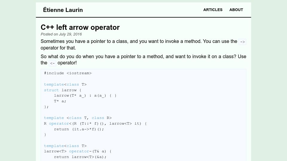 Screenshot of atnnn.com: C++ left arrow operator (2016)