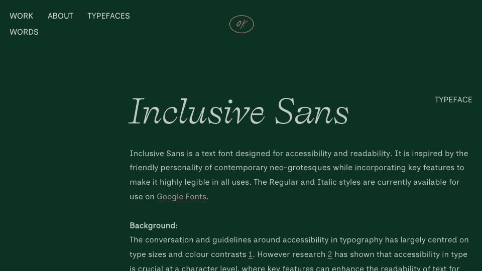 Screenshot of oliviaking.com: Inclusive Sans: Text font designed for accessibility and readability