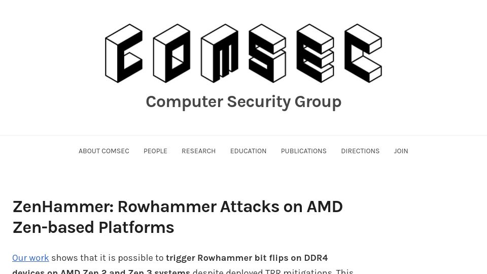 Screenshot of comsec.ethz.ch: ZenHammer: Rowhammer attacks on AMD Zen-based platforms