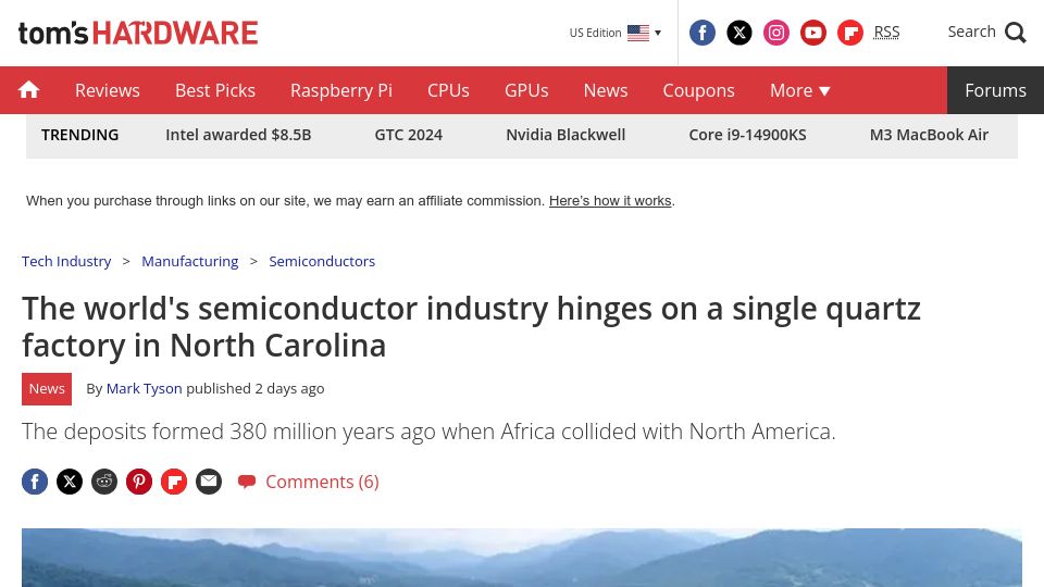 Screenshot of tomshardware.com: The semiconductor industry hinges on a quartz factory in North Carolina