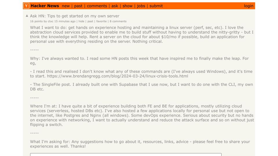Screenshot of Hacker News post: Ask HN: Tips to get started on my own server