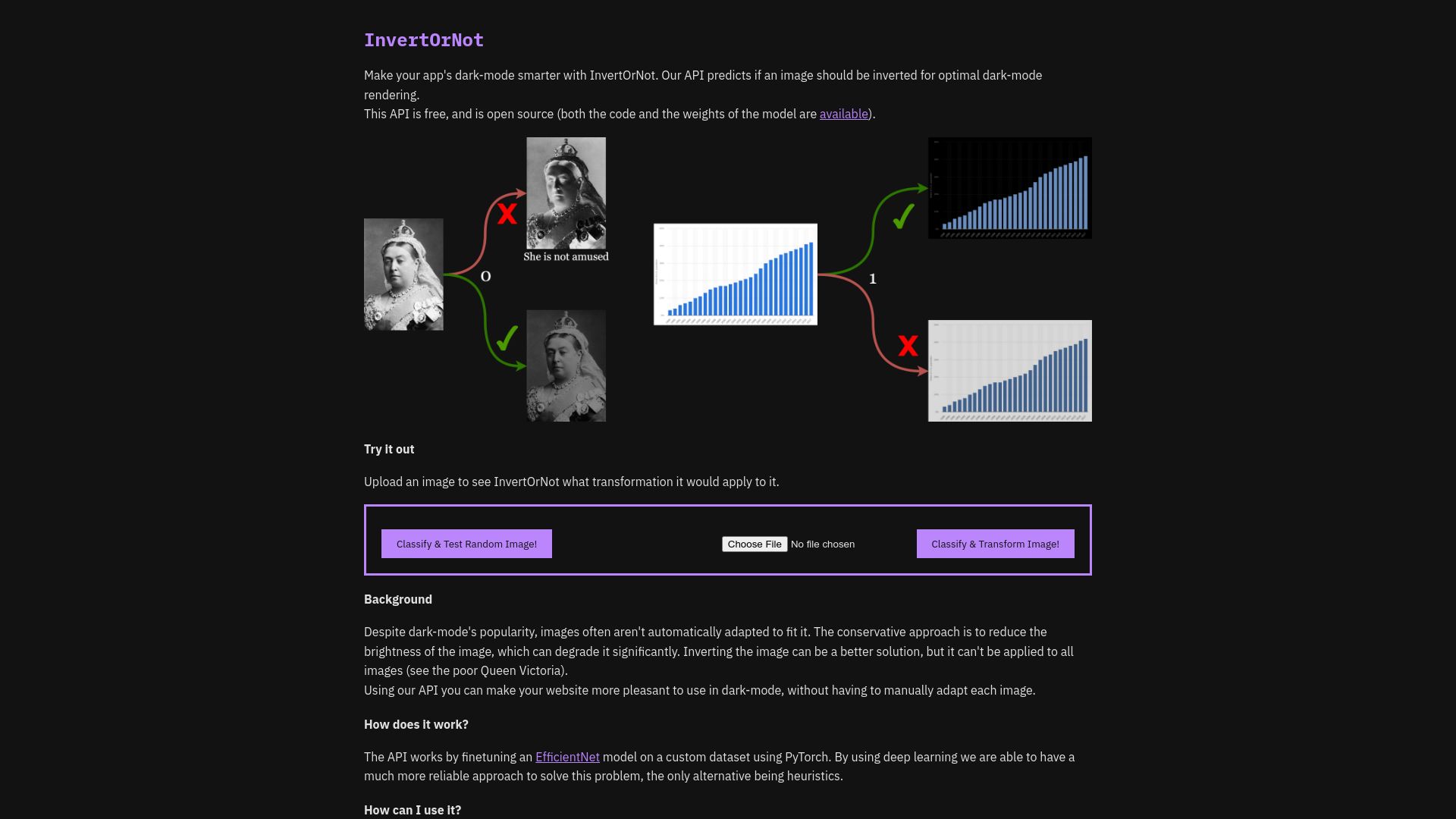 Screenshot of invertornot.com: Show HN: Invertornot.com – API to enhance your images in dark-mode