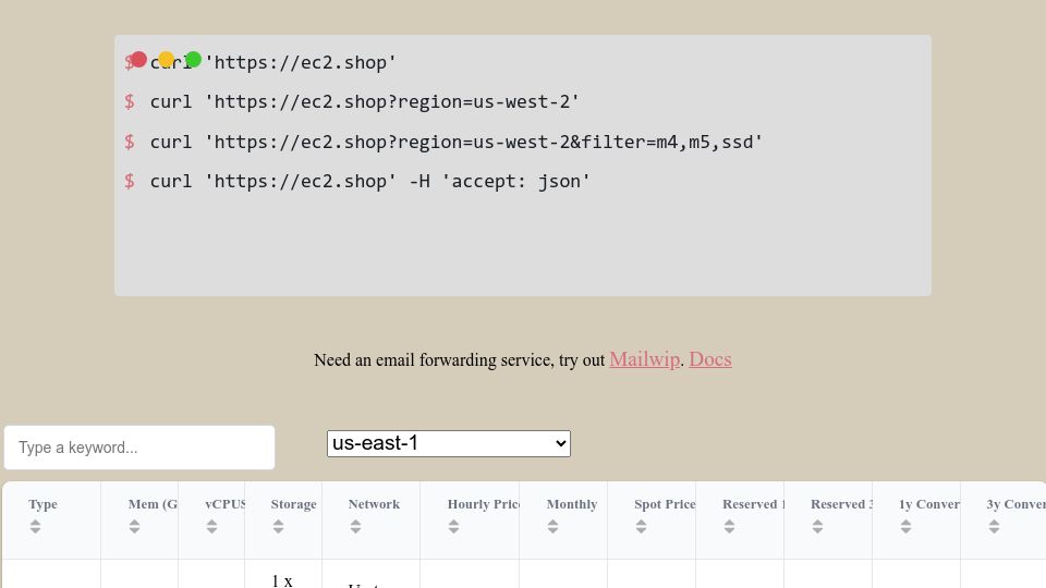 Screenshot of ec2.shop: EC2 Instance Pricing