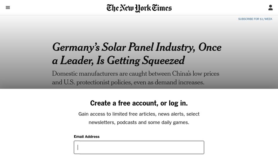 Screenshot of nytimes.com: Germany's Solar Panel Industry, Once a Leader, Is Getting Squeezed