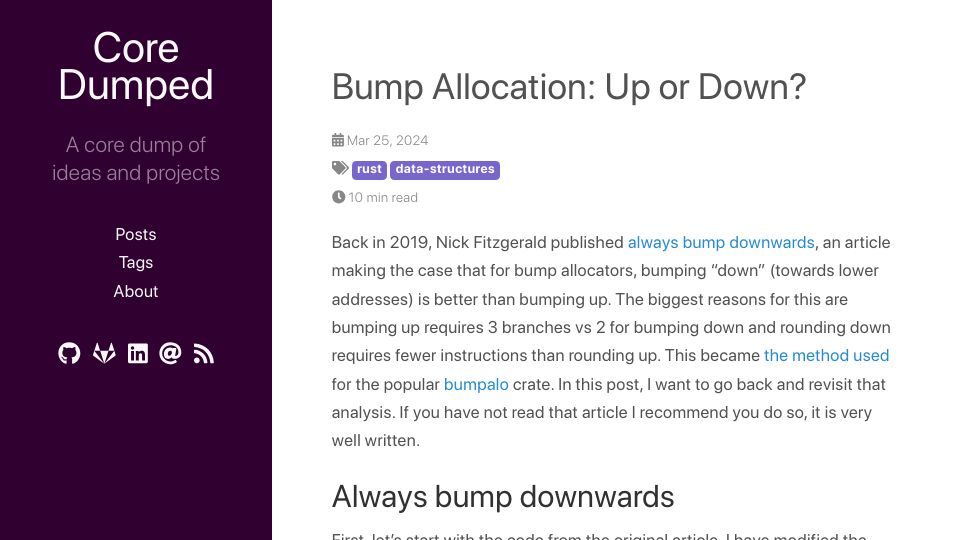 Screenshot of coredumped.dev: Bump Allocation: Up or Down?