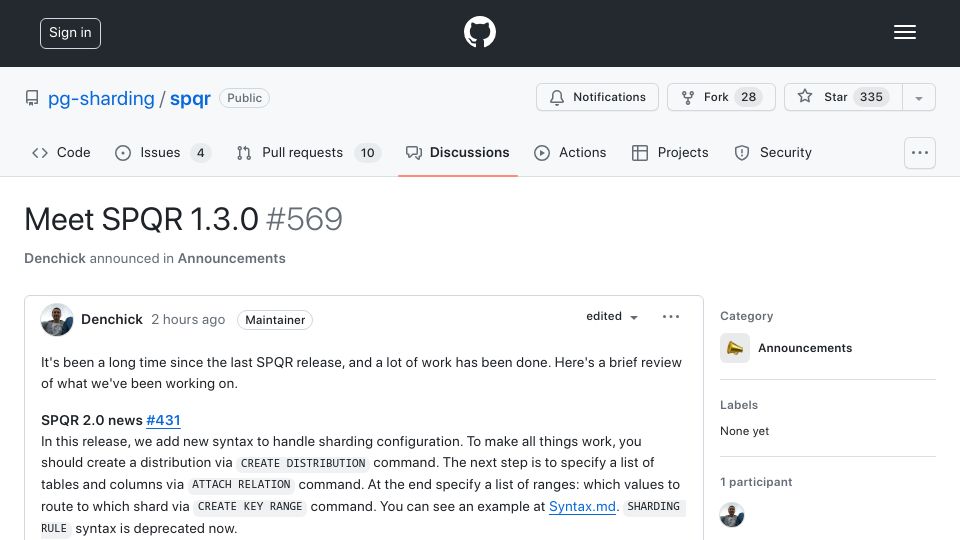 Screenshot of github.com: SPQR 1.3.0: a production-ready system for horizontal scaling of PostgreSQL