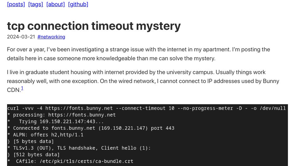 Screenshot of devnonsense.com: TCP connection timeout mystery