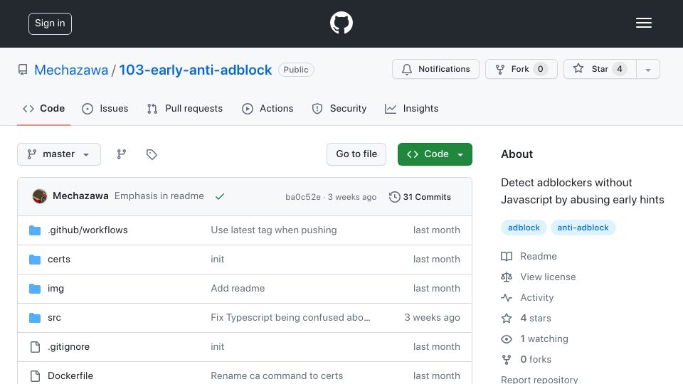 Screenshot of github.com: Show HN: Detecting adblock, without JavaScript, by abusing HTTP 103 responses