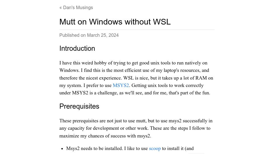 Screenshot of blog.djhaskin.com: Mutt on Windows Without WSL