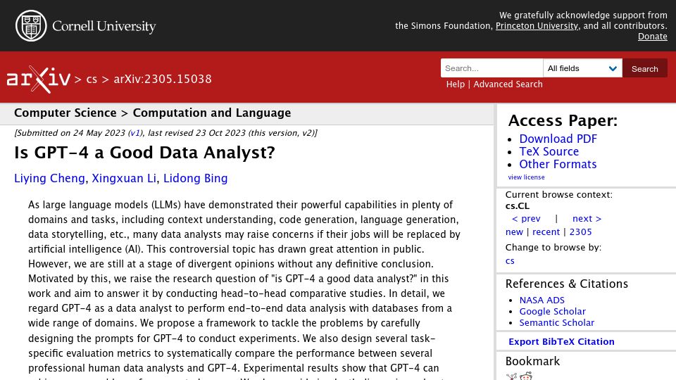Screenshot of arxiv.org: Is GPT-4 a Good Data Analyst? (2023)