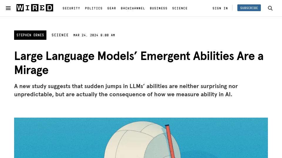 Screenshot of quantamagazine.org: “Emergent” abilities in LLMs actually develop gradually and predictably – study