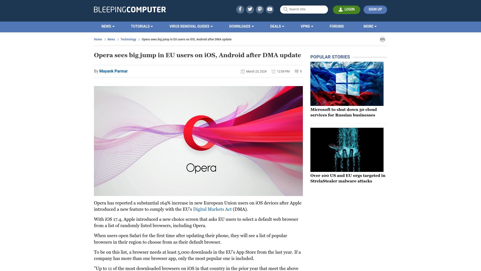 Screenshot of bleepingcomputer.com: Opera sees big jump in EU users on iOS, Android after DMA update