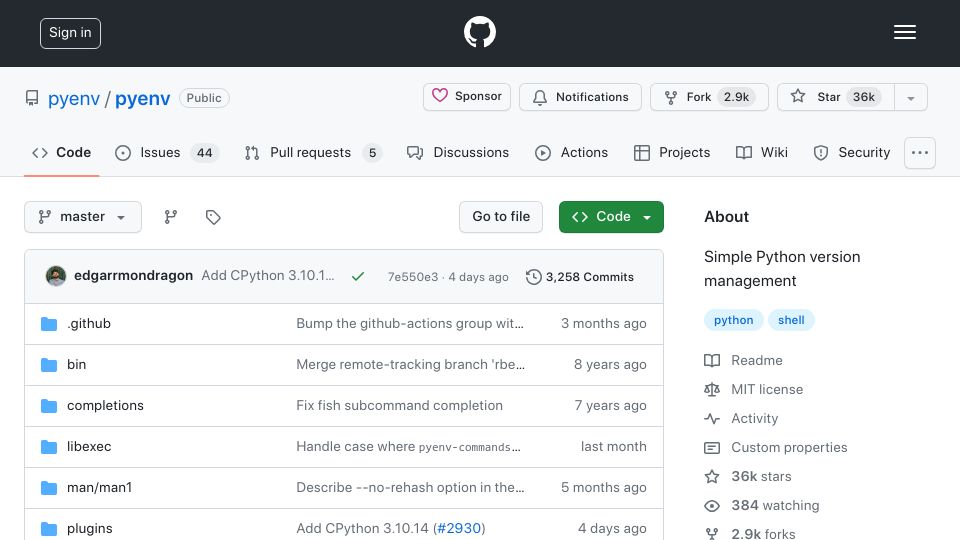 Screenshot of github.com: Pyenv – lets you easily switch between multiple versions of Python