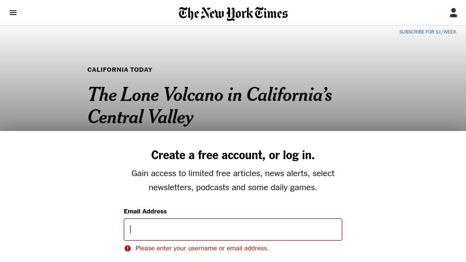 Screenshot of nytimes.com: The Lone Volcano in California's Central Valley