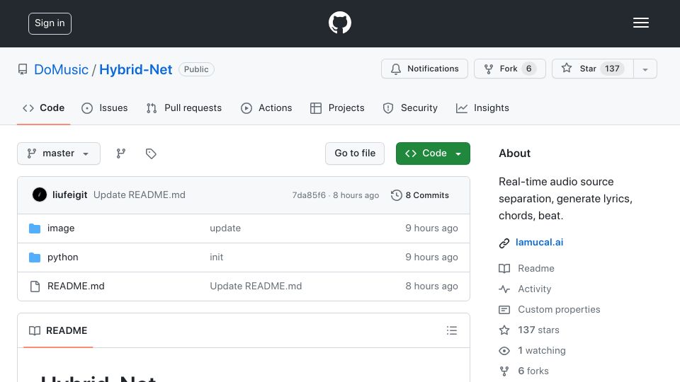 Screenshot of github.com: Hybrid-Net: Real-time audio source separation, generate lyrics, chords, beat