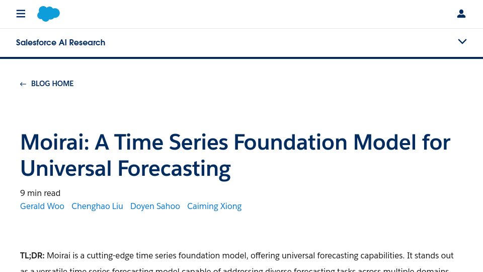 Screenshot of blog.salesforceairesearch.com: Moirai: A time series foundation model for universal forecasting