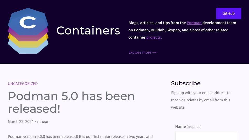 Screenshot of blog.podman.io: Podman 5.0 has been released