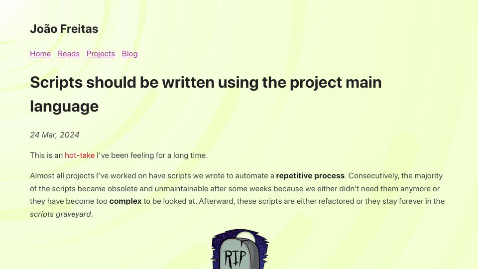 Screenshot of joaomagfreitas.link: Scripts should be written using the project main language