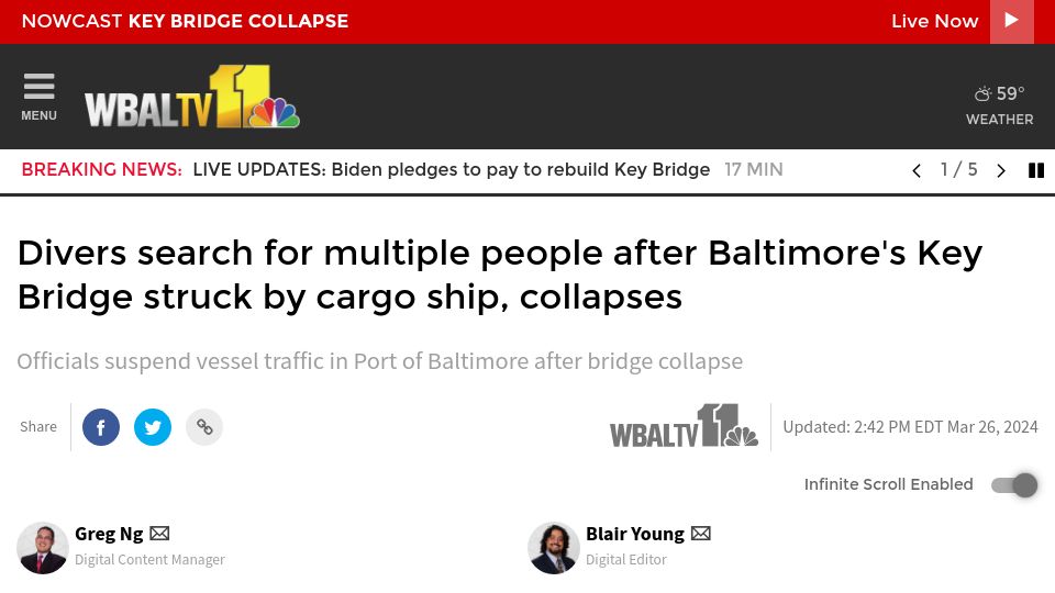 Screenshot of wbaltv.com: Baltimore's Key Bridge struck by cargo ship, collapses