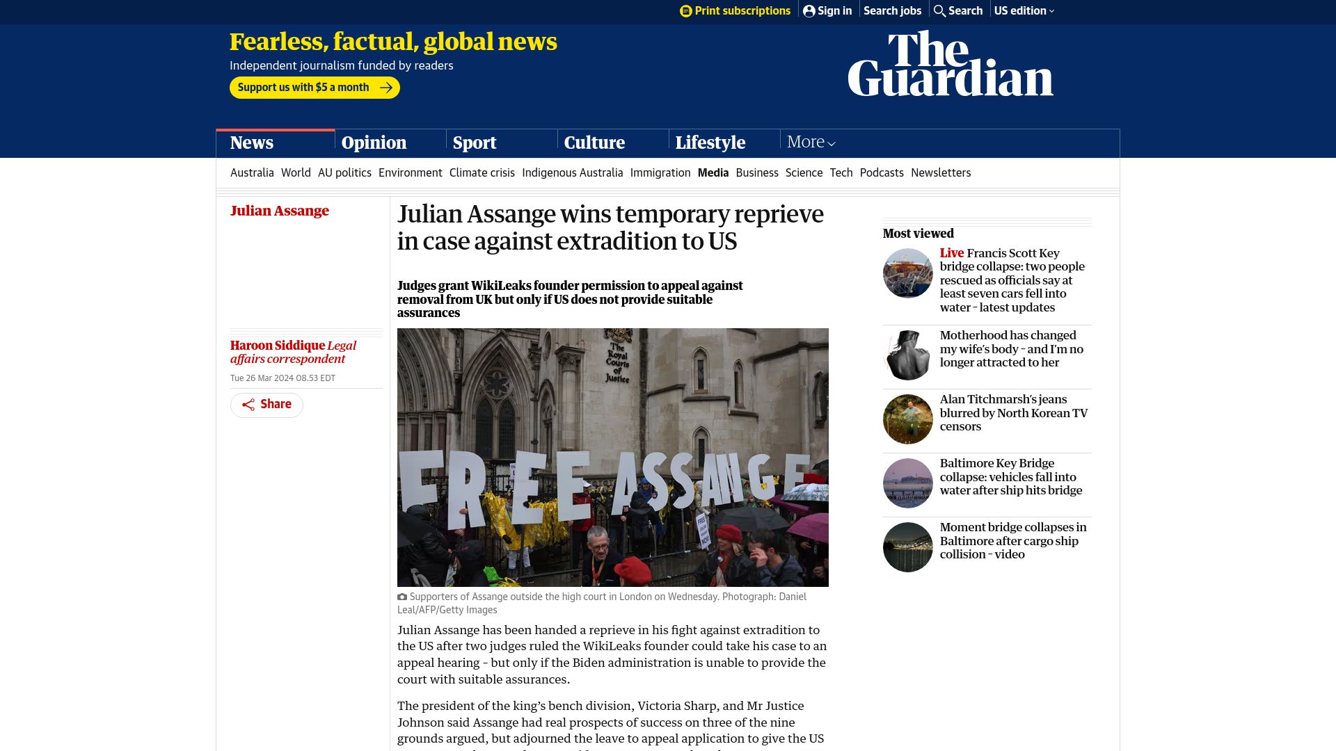 Screenshot of theguardian.com: Julian Assange granted permission to appeal against extradition to US