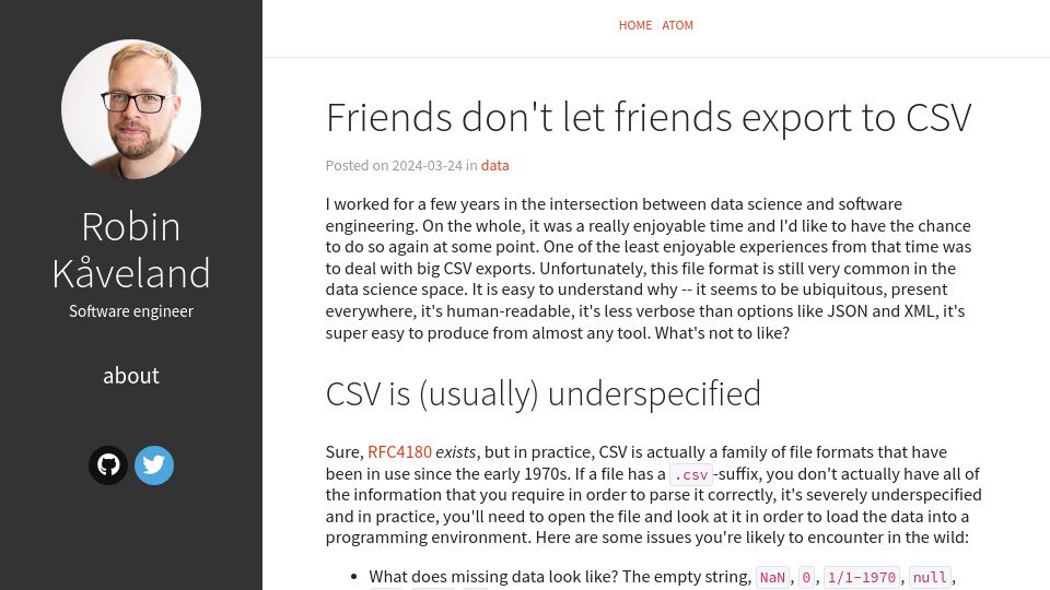 Screenshot of kaveland.no: Friends don't let friends export to CSV
