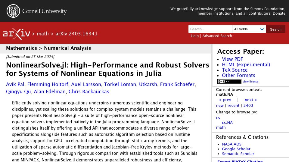 Screenshot of arxiv.org: Nonlinearsolve.jl: Fast and Robust Solvers for Nonlinear Equations in Julia