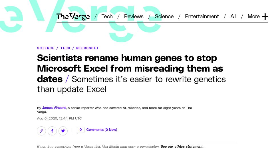 Screenshot of theverge.com: Scientists rename genes to stop Microsoft Excel from misreading them as dates (2020)