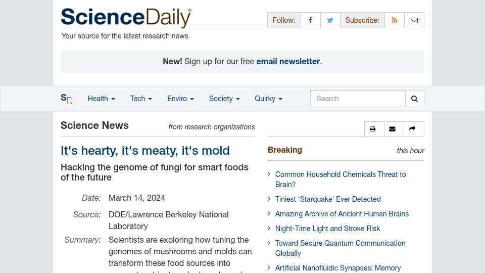 Screenshot of sciencedaily.com: Hacking the genome of fungi for smart foods of the future