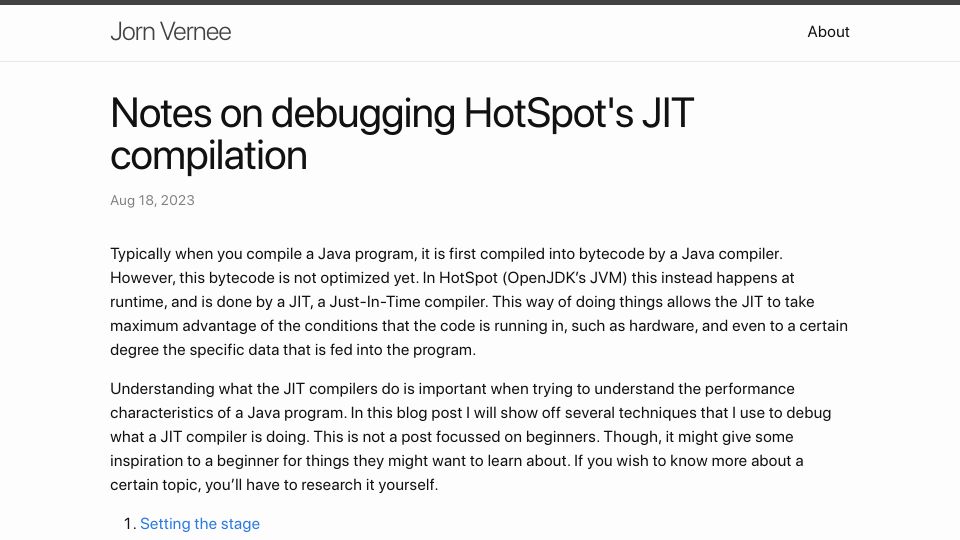 Screenshot of jornvernee.github.io: Notes on debugging HotSpot's JIT compilation (2023)
