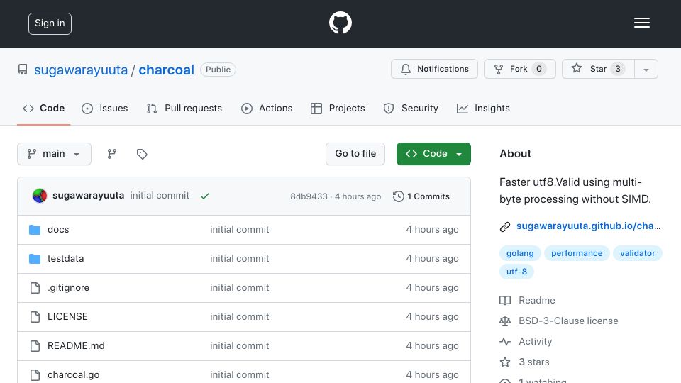 Screenshot of github.com: Show HN: Charcoal – Faster utf8.Valid using multi-byte processing without SIMD