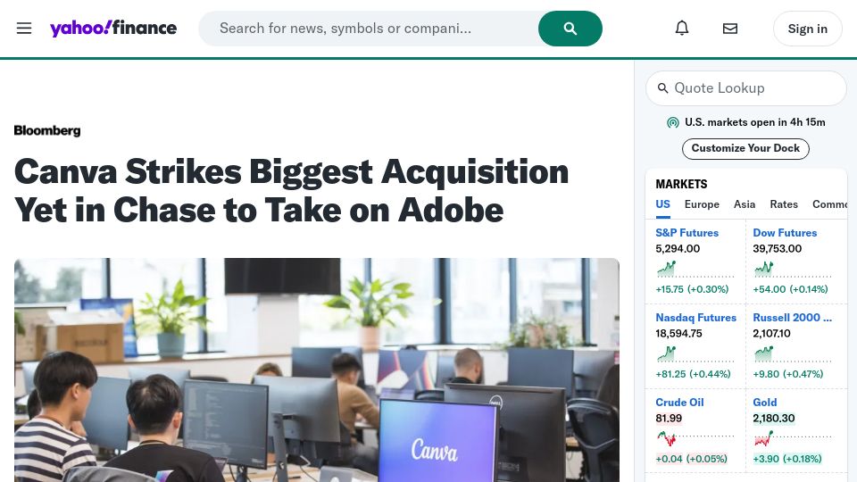 Screenshot of finance.yahoo.com: Canva has acquired Affinity in an effort to compete with Adobe