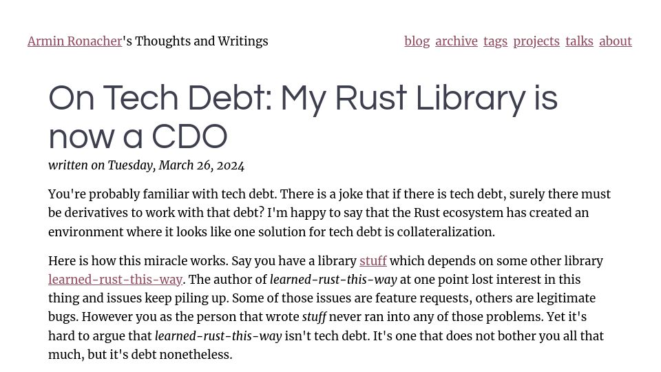 Screenshot of lucumr.pocoo.org: Tech Debt: My Rust Library Is Now a CDO