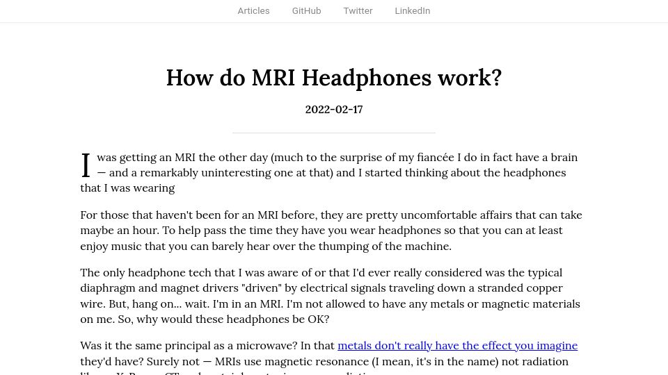 Screenshot of tomlingham.com: How do MRI Headphones work? (2022)