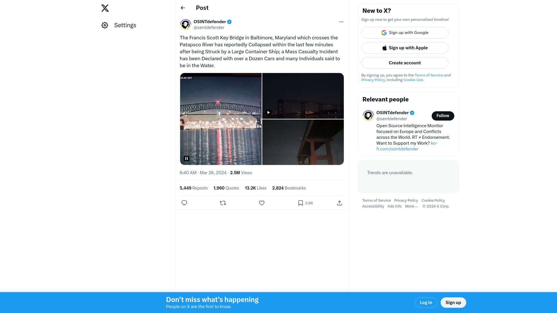 Screenshot of twitter.com: The Francis Scott Key Bridge in Baltimore, Maryland Has Collapsed
