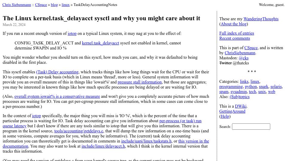 Screenshot of utcc.utoronto.ca: The Linux kernel.task_delayacct sysctl and why you might care about it