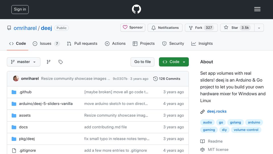 Screenshot of github.com: Deej: An open-source hardware volume mixer for Windows and Linux
