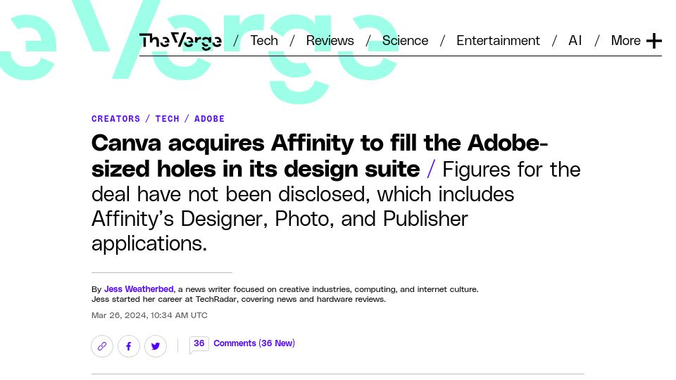 Screenshot of theverge.com: Canva acquires Affinity to fill the Adobe-sized holes in its design suite