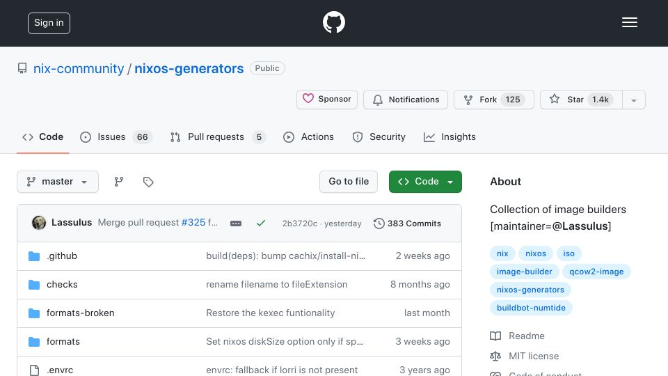 Screenshot of github.com: NixOS-generators – Collection of VM and Container disk image builders for NixOS