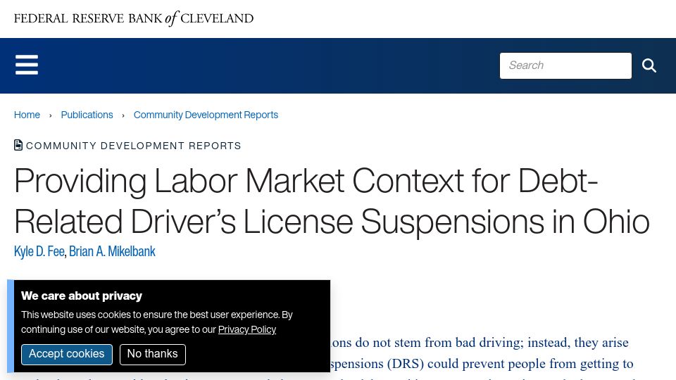 Screenshot of clevelandfed.org: Debt-related driver’s license suspensions in Ohio